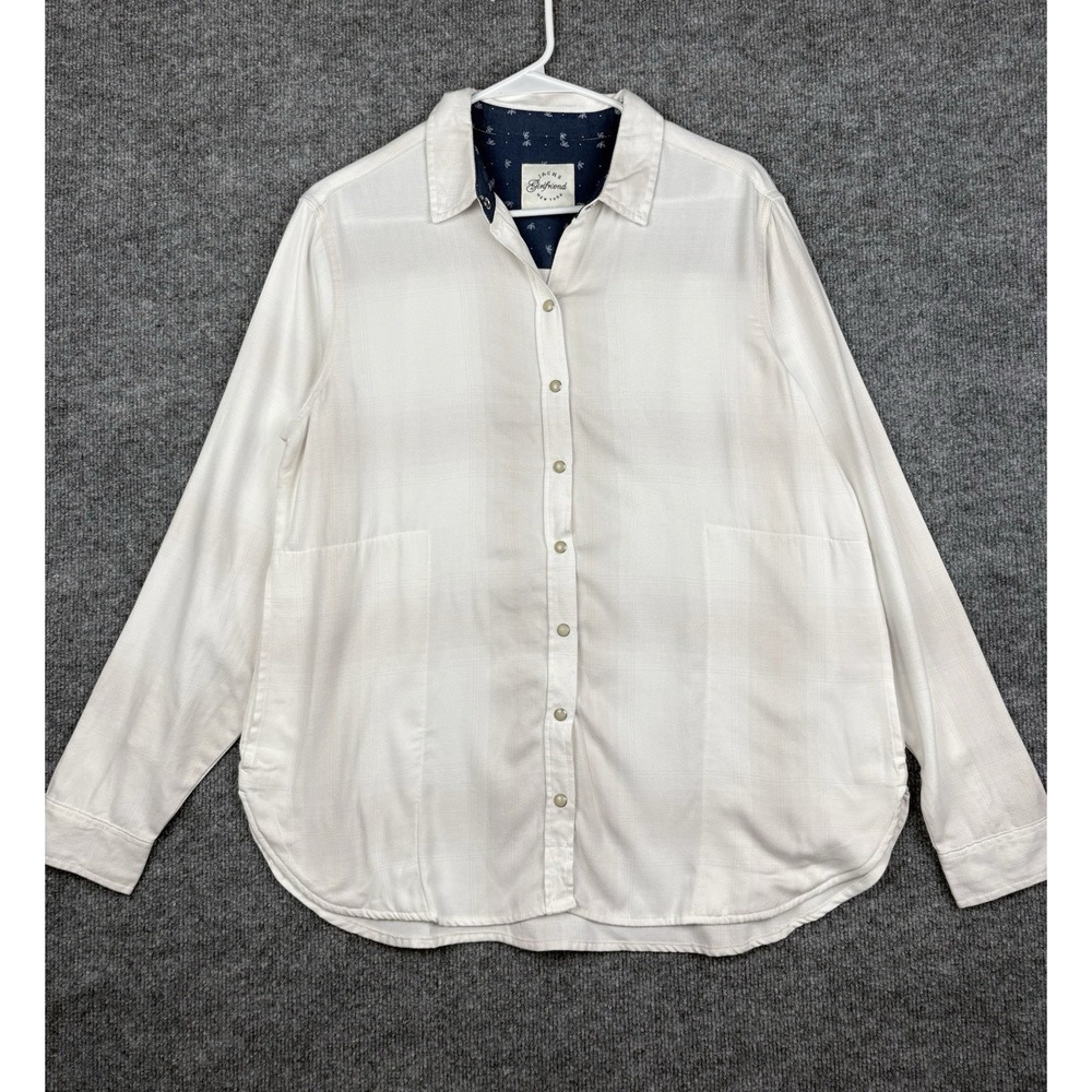 Jacks Girlfriend Sz M Womens Western Pearl Snap Flannel Plaid Shirt Beige White